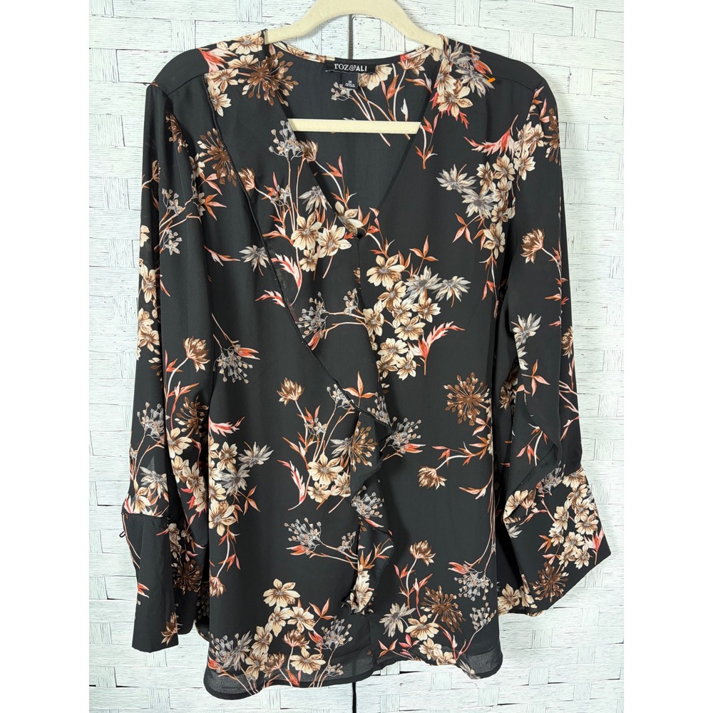 Roz & Ali Womens Blouse Floral Ruffle V-Neck Long Sleeve Button Cuff Plus Size